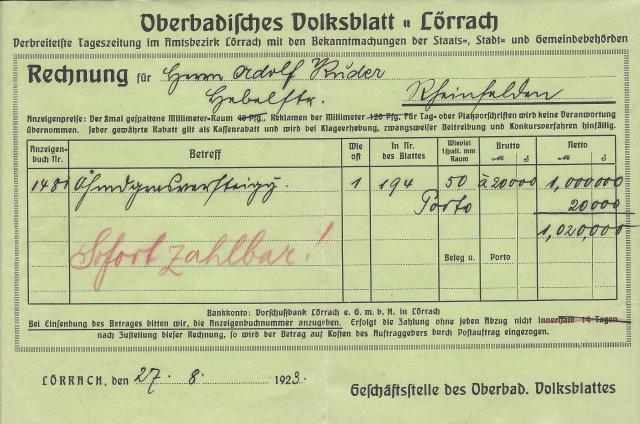 Rechnung der Oberbadischen Volkszeitung über eine Anzeige 1923, Hermann Kuder, Copyright Daniel Kähny
