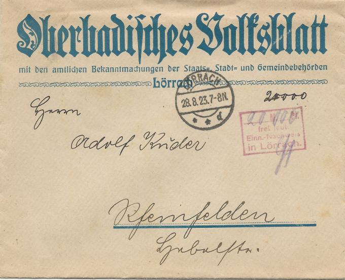 Umschlag einer Rechnung an Adolf Kuder in der Inflationszeit 1923;  Hermann Kuder, Copyright Daniel Kähny